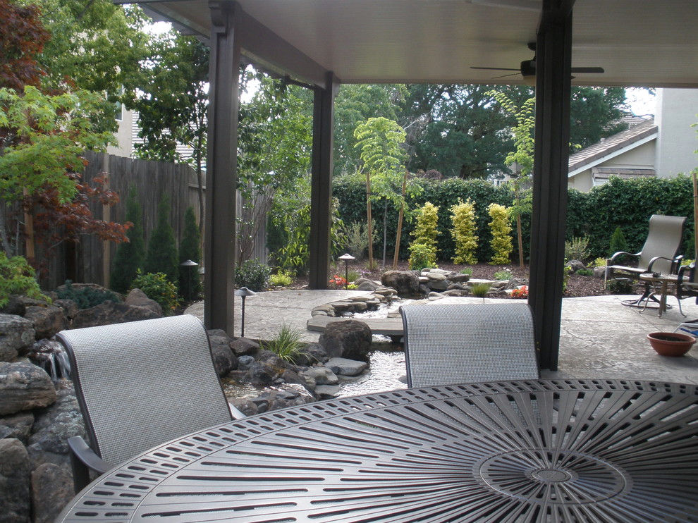Esempio di un grande giardino formale stile americano esposto a mezz'ombra dietro casa con fontane e pavimentazioni in cemento