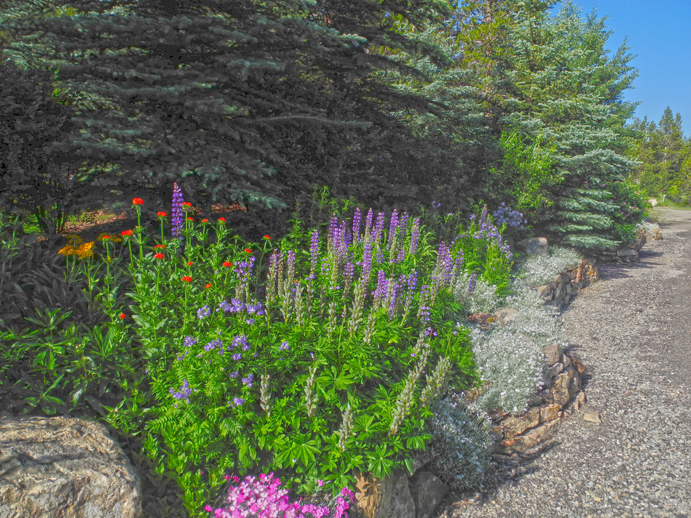 Design ideas for a rustic shade front yard stone retaining wall landscape in Denver for summer.