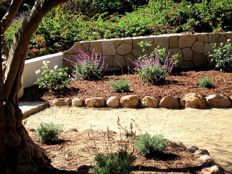 Пример оригинального дизайна: солнечный, летний засухоустойчивый сад среднего размера на переднем дворе в средиземноморском стиле с садовой дорожкой или калиткой, хорошей освещенностью и мульчированием