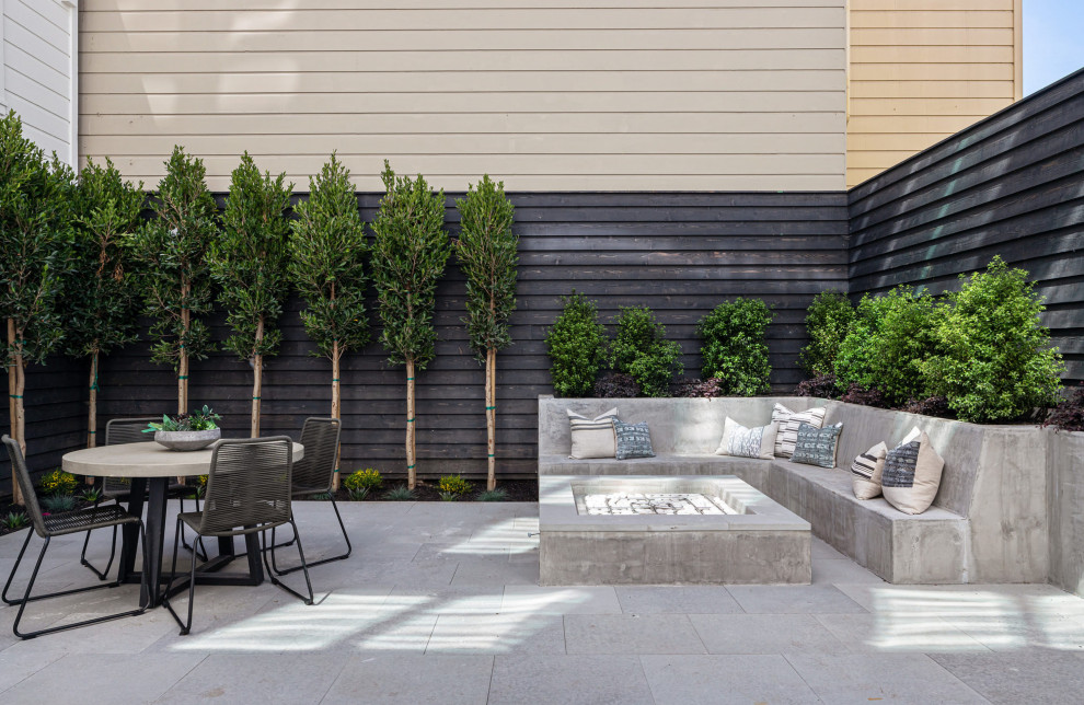 Immagine di un patio o portico minimal dietro casa con un focolare e pavimentazioni in cemento
