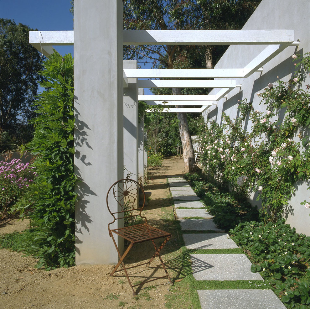 Пример оригинального дизайна: летний регулярный сад среднего размера на заднем дворе в стиле модернизм с садовой дорожкой или калиткой, полуденной тенью и покрытием из каменной брусчатки