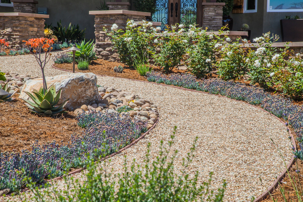 Inspiration for a rustic front xeriscape full sun garden in San Diego with a garden path and gravel.