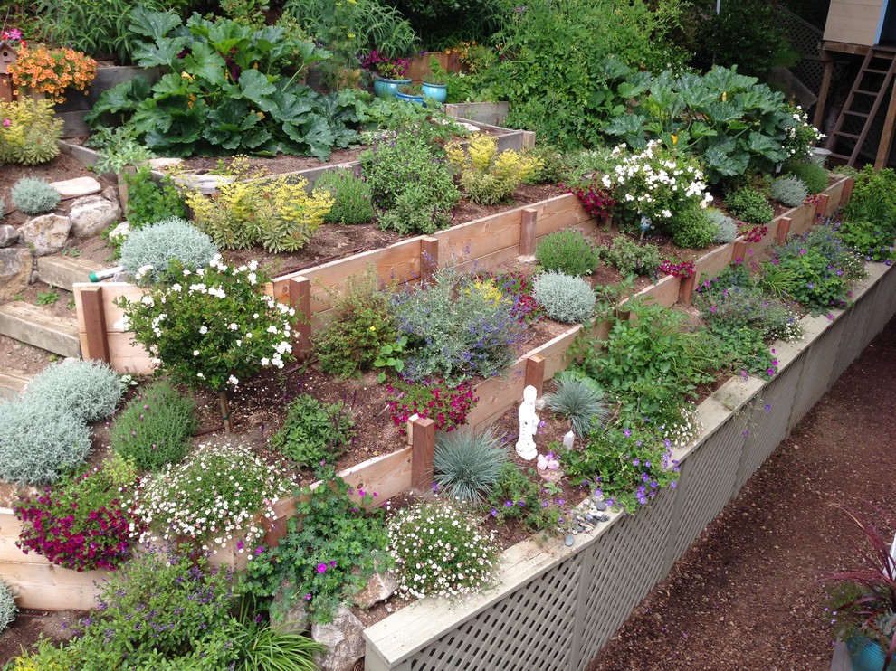 Rustic formal garden in San Francisco with a retaining wall and mulch.