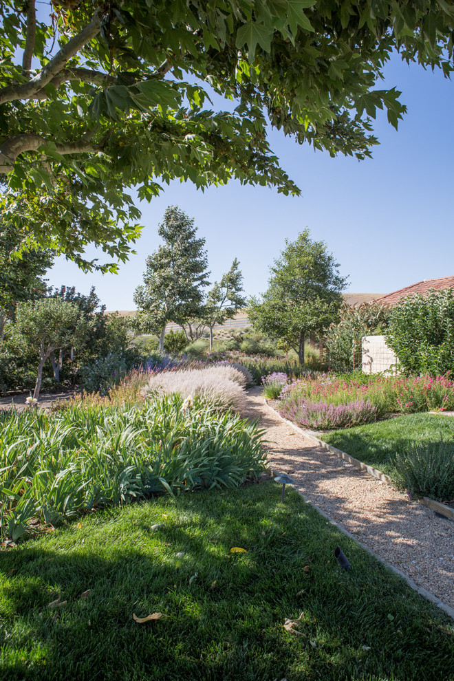 Esempio di un giardino formale rustico esposto in pieno sole di medie dimensioni e dietro casa in primavera con un ingresso o sentiero e ghiaia