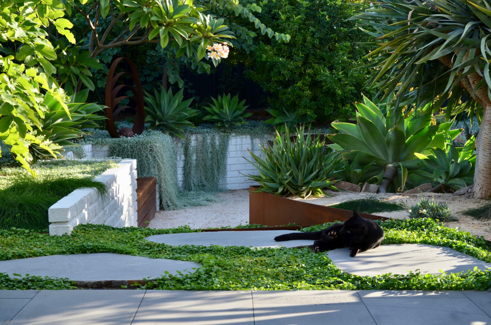 Design ideas for a mid-sized modern drought-tolerant and full sun backyard stone garden path in Perth for summer.
