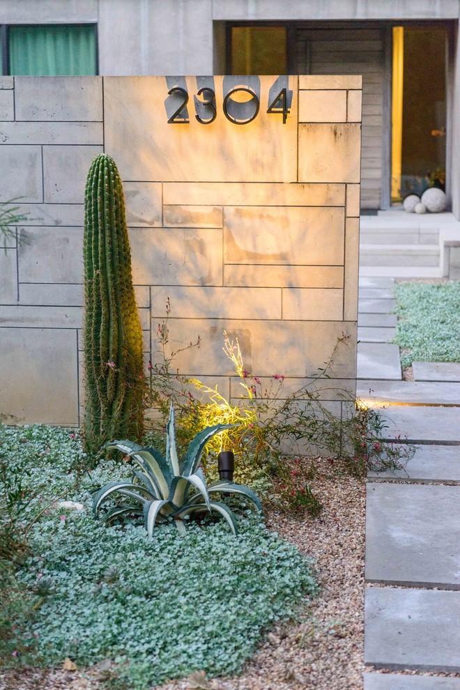 Medium sized front xeriscape full sun garden for spring in Austin with a garden path and natural stone paving.