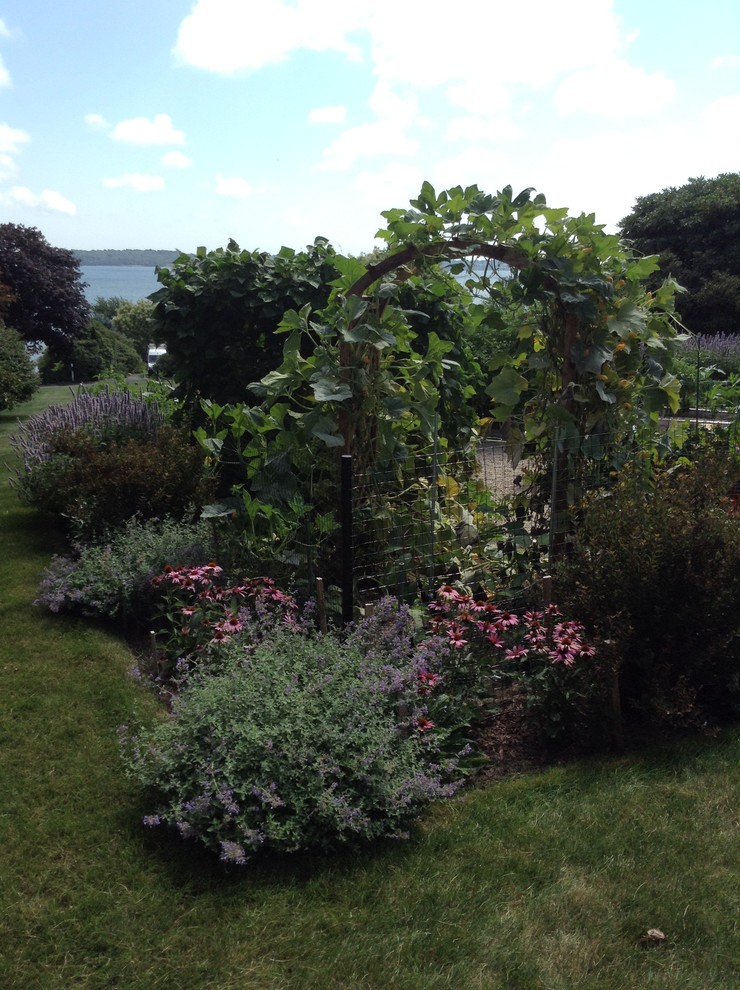 Foto di un giardino esposto in pieno sole di medie dimensioni in estate con un pendio, una collina o una riva e ghiaia