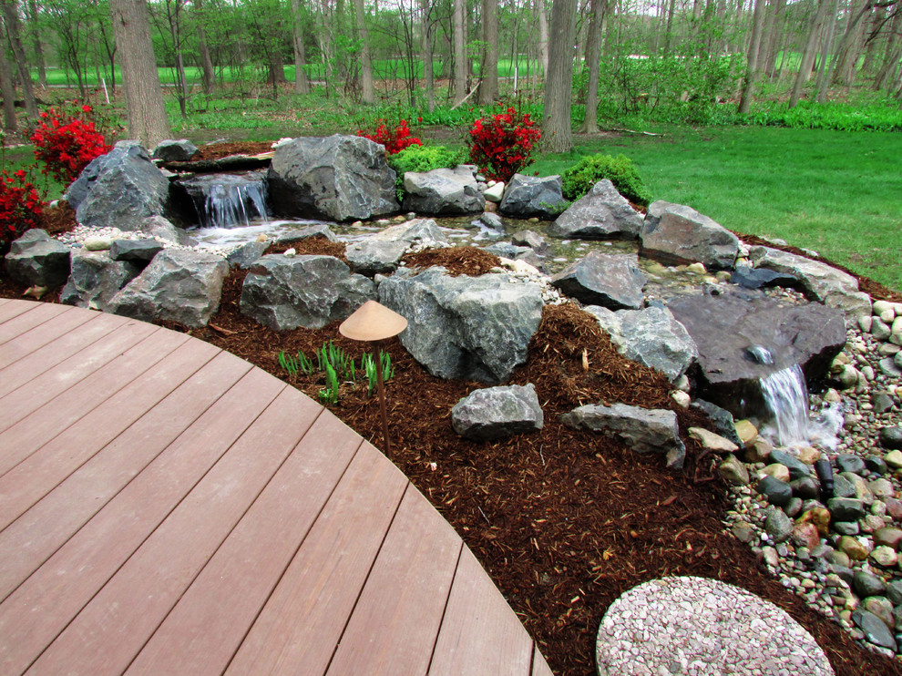 This is an example of a medium sized contemporary back garden in Detroit with a water feature.