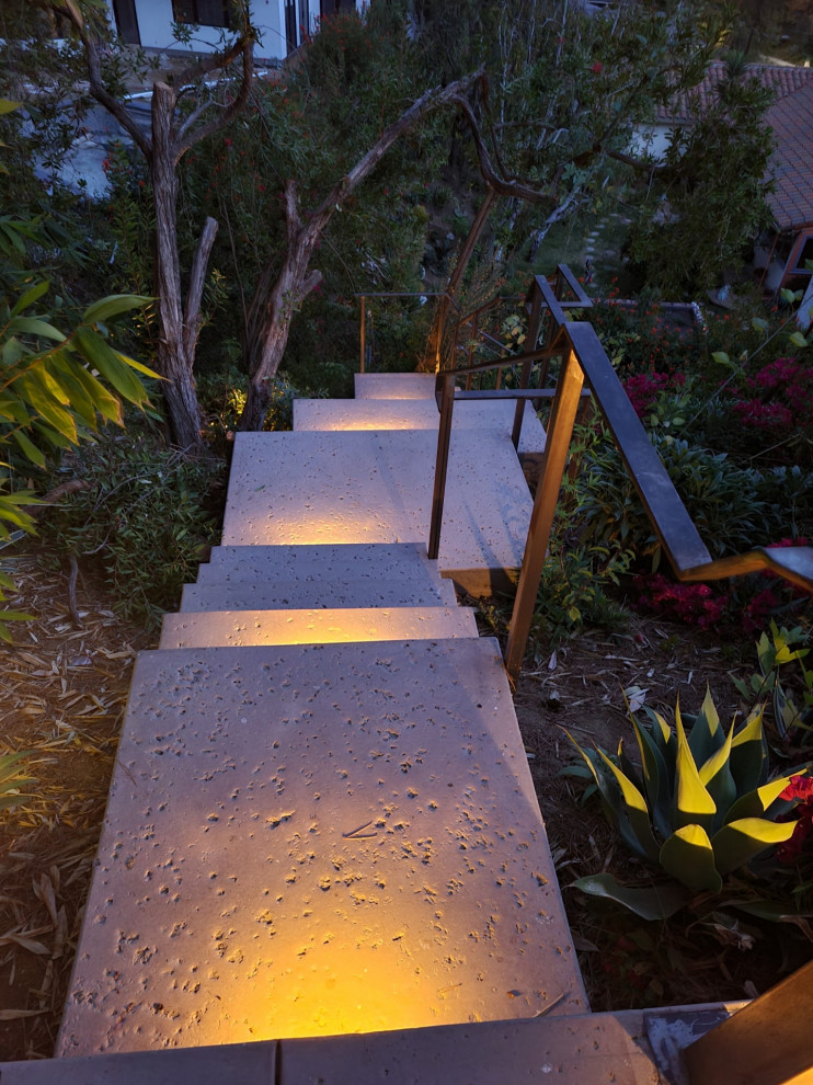 Foto di un giardino minimalista esposto a mezz'ombra di medie dimensioni e dietro casa in inverno con pavimentazioni in cemento e recinzione in metallo