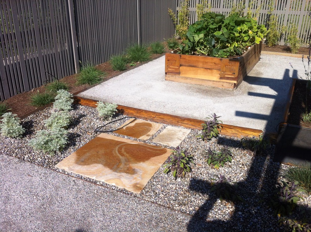 Imagen de jardín moderno grande en verano en patio trasero con jardín de macetas, exposición parcial al sol y granito descompuesto