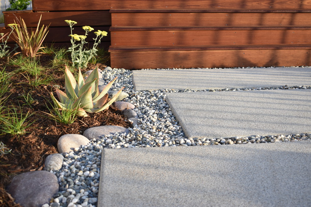 Idée de décoration pour un jardin arrière minimaliste de taille moyenne avec une exposition ensoleillée et des pavés en béton.