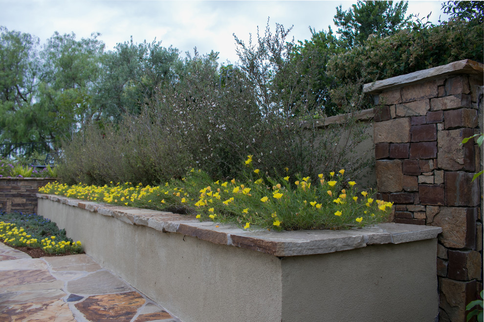 Imagen de jardín de secano mediterráneo en patio trasero con muro de contención y adoquines de piedra natural