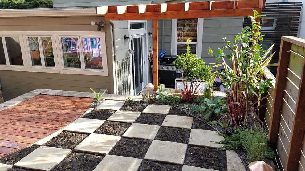 Medium sized world-inspired back partial sun garden in San Francisco with brick paving.