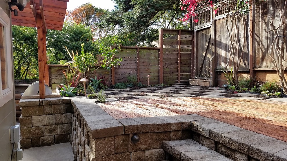 This is an example of a mid-sized asian partial sun backyard brick landscaping in San Francisco.