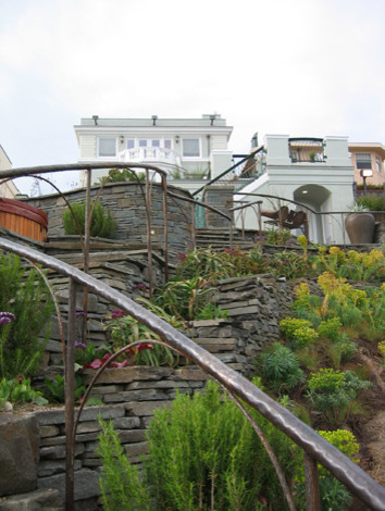 Mittelgroßer Maritimer Garten im Winter mit Natursteinplatten und direkter Sonneneinstrahlung in San Francisco