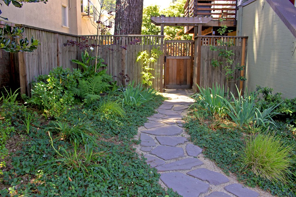 Esempio di un piccolo giardino xeriscape rustico in ombra dietro casa in inverno con un ingresso o sentiero e pavimentazioni in pietra naturale