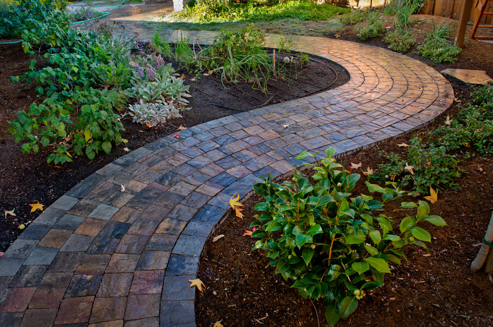 Inspiration for a traditional drought-tolerant and full sun backyard brick garden path in San Francisco.
