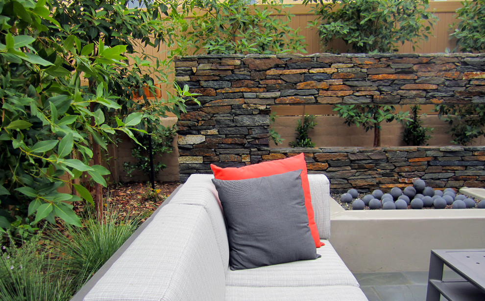 Inspiration for a mid-sized contemporary full sun backyard stone landscaping in Los Angeles with a fire pit.