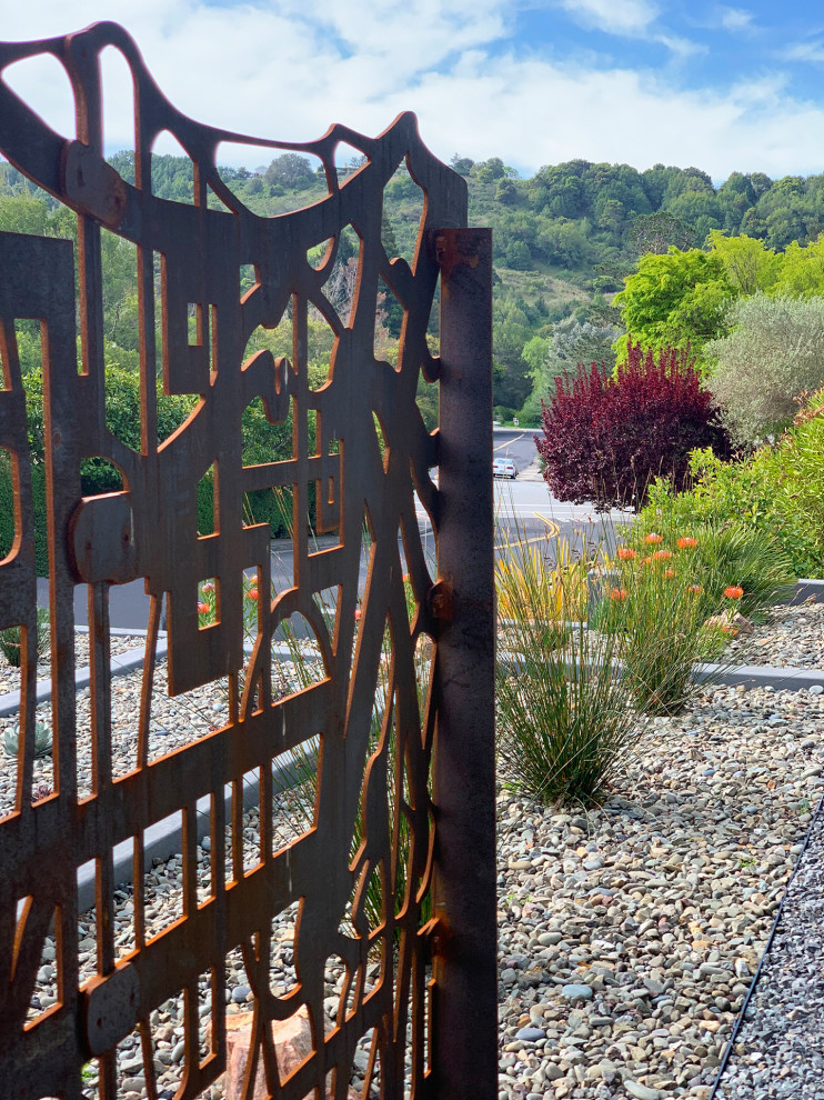 Immagine di un grande giardino xeriscape minimalista esposto in pieno sole davanti casa in estate con un ingresso o sentiero e ghiaia