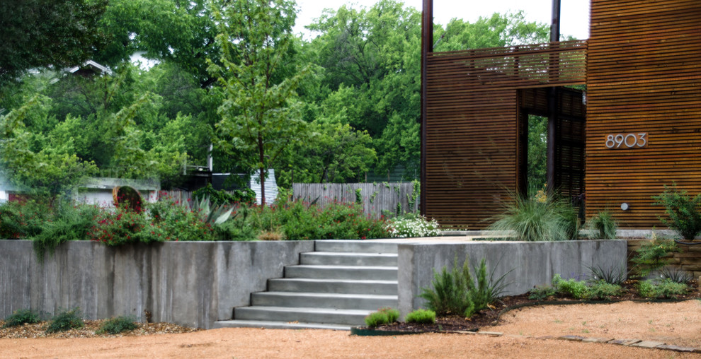 Ispirazione per un giardino xeriscape minimal esposto in pieno sole di medie dimensioni e davanti casa con un muro di contenimento e pavimentazioni in cemento