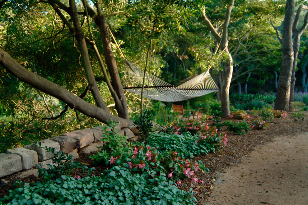 Photo of a small back fully shaded garden in Santa Barbara with a garden path and gravel.