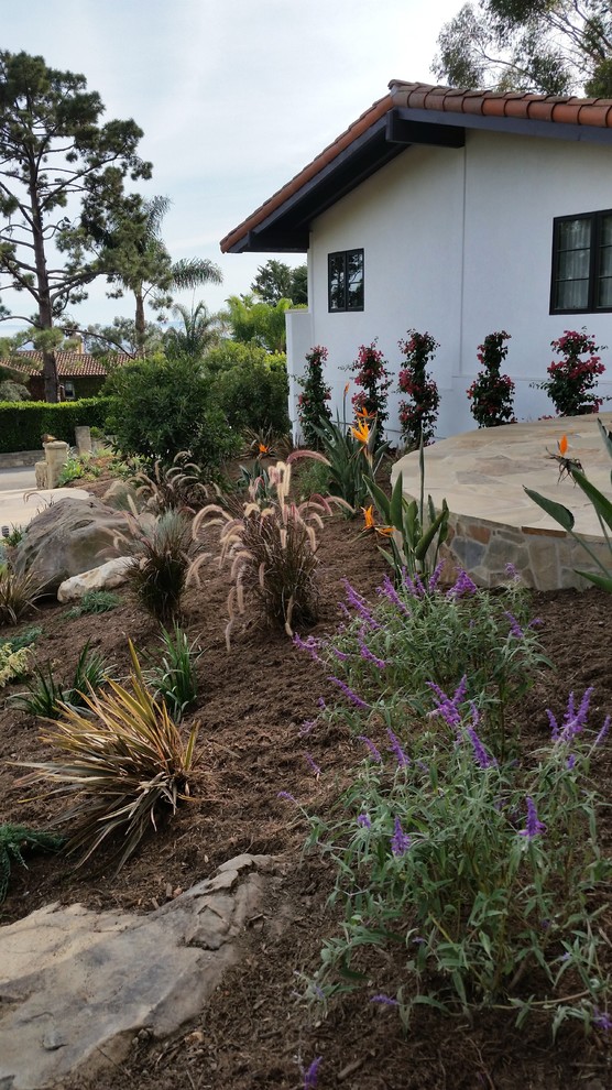 This is an example of a large mediterranean drought-tolerant and full sun front yard mulch garden path in Orange County for spring.