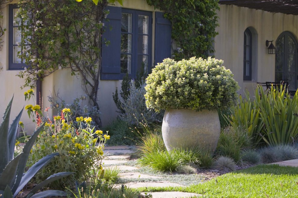 This is an example of a mediterranean garden in Santa Barbara with a potted garden.