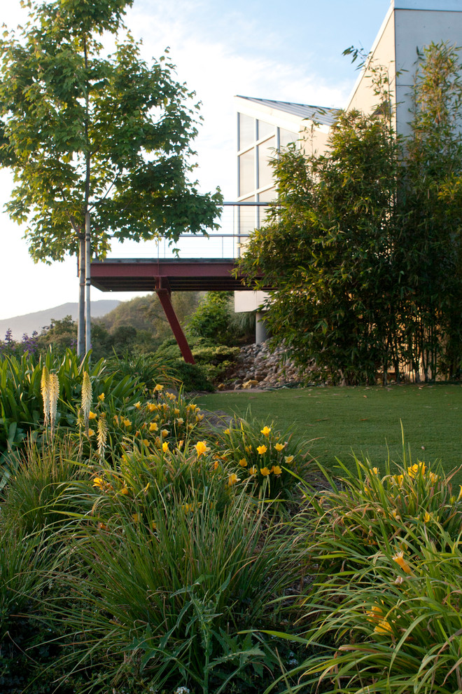 Пример оригинального дизайна: большой солнечный участок и сад на заднем дворе в современном стиле с газонным бордюром и хорошей освещенностью
