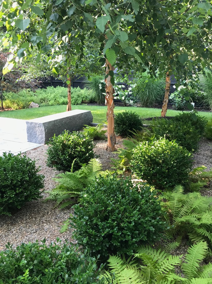 Design ideas for a large contemporary back partial sun garden for spring in Boston with a garden path and gravel.