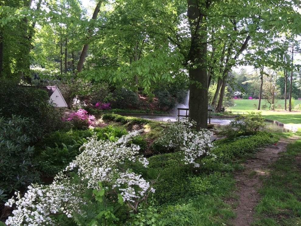 Inspiration för mycket stora klassiska bakgårdar i skuggan på våren, med en fontän och naturstensplattor