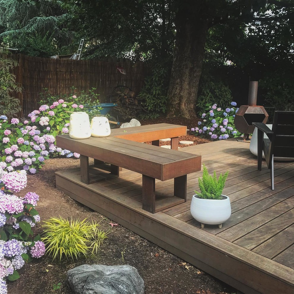 Mittelgroßer, Schattiger Moderner Garten im Sommer, hinter dem Haus mit Dielen in Portland