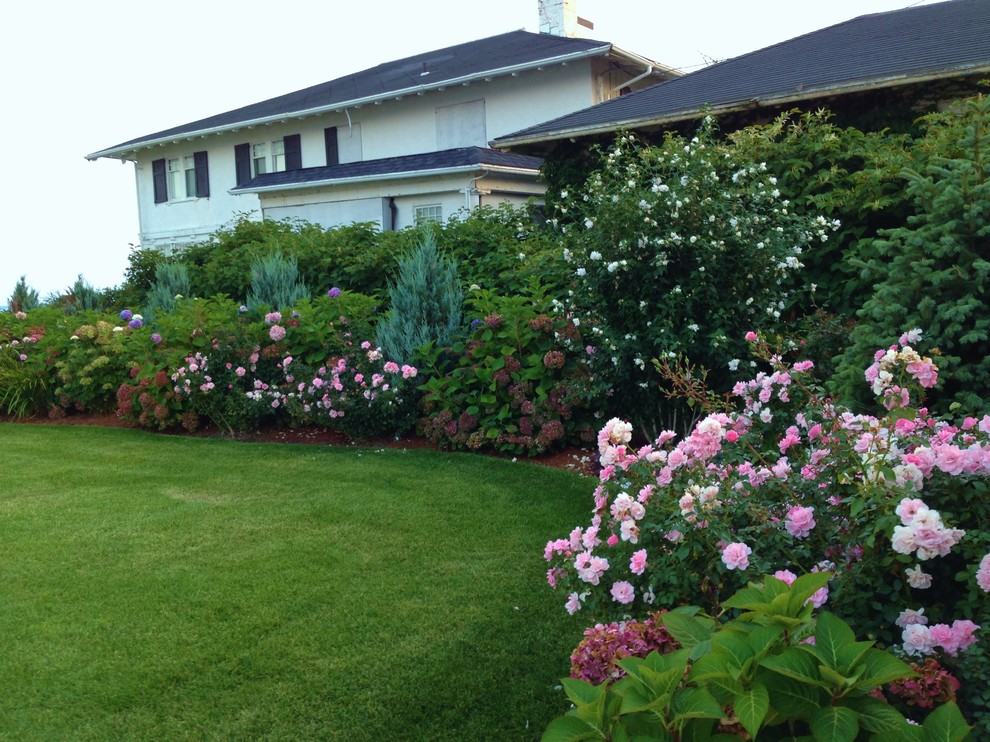 Exemple d'un grand jardin arrière chic l'été avec une exposition ensoleillée et un paillis.