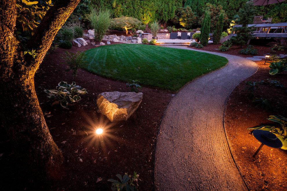 Inspiration for a large mid-century modern shade side yard gravel garden path in Portland for spring.