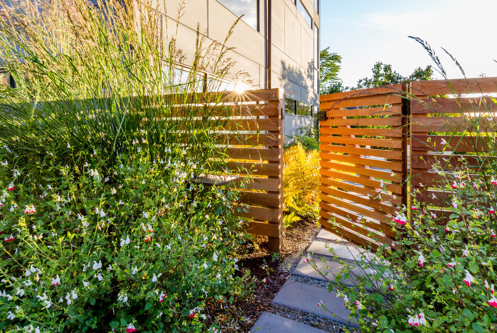 Kleiner, Halbschattiger Moderner Garten hinter dem Haus mit Betonboden in Seattle