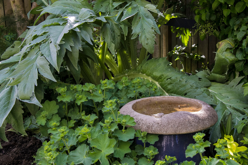 На фото: тенистый, весенний садовый фонтан среднего размера на заднем дворе в стиле модернизм с мощением тротуарной плиткой с