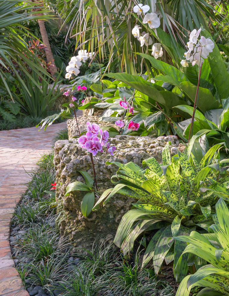 Mittelgroßer, Halbschattiger Garten neben dem Haus mit Pflastersteinen in Miami