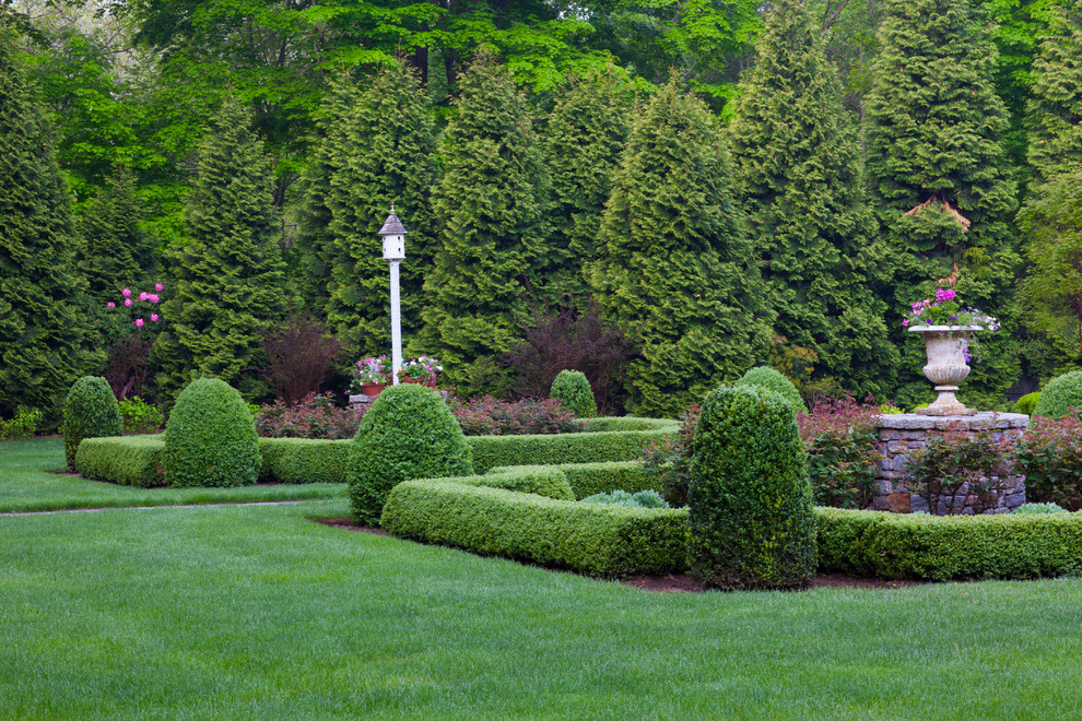 Ispirazione per un giardino formale tradizionale esposto a mezz'ombra di medie dimensioni e dietro casa in primavera con un ingresso o sentiero