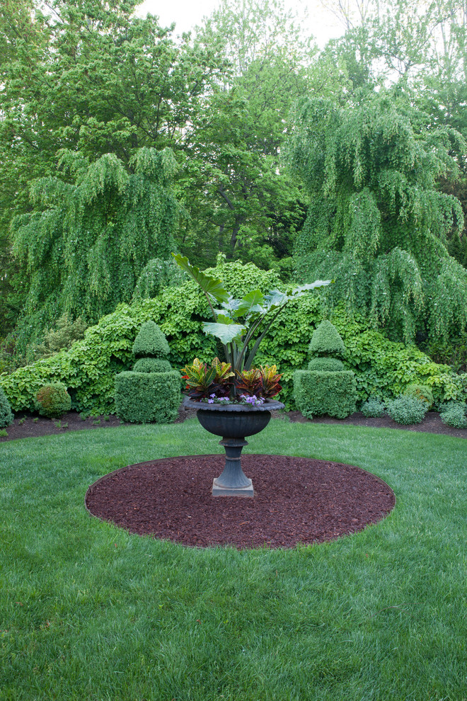 На фото: весенний регулярный сад среднего размера на заднем дворе в классическом стиле с полуденной тенью, садовой дорожкой или калиткой и мульчированием с