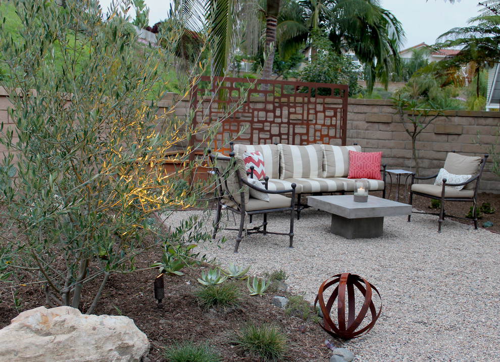 Imagen de jardín de secano contemporáneo grande en patio trasero con exposición total al sol y gravilla