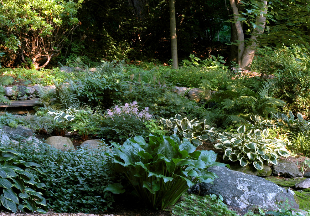 Large traditional back partial sun garden in New York with a garden path and natural stone paving.