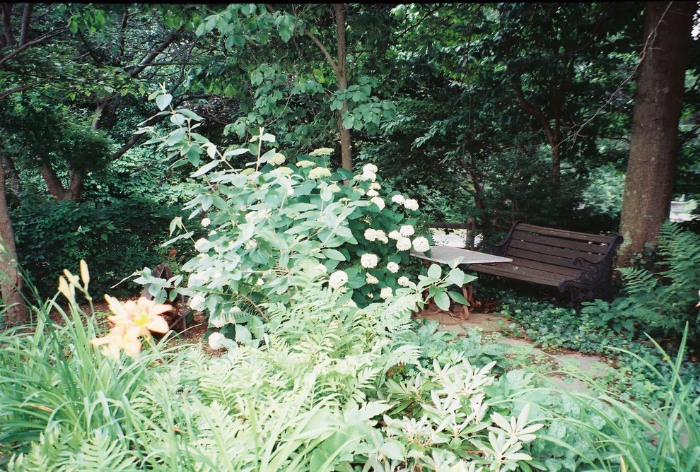 Aménagement d'un jardin avant campagne l'été avec une exposition partiellement ombragée et des pavés en pierre naturelle.
