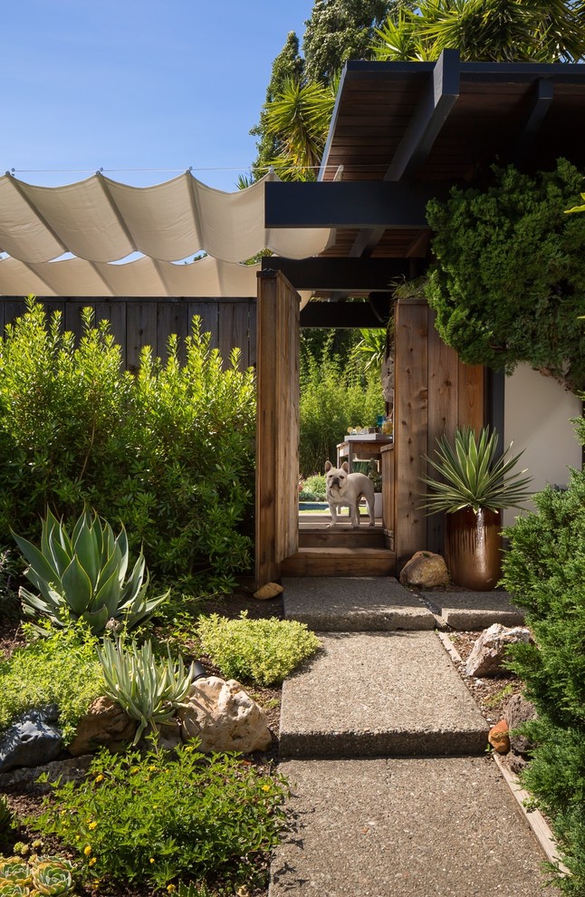 Ejemplo de jardín retro de tamaño medio en patio delantero con jardín francés y adoquines de piedra natural