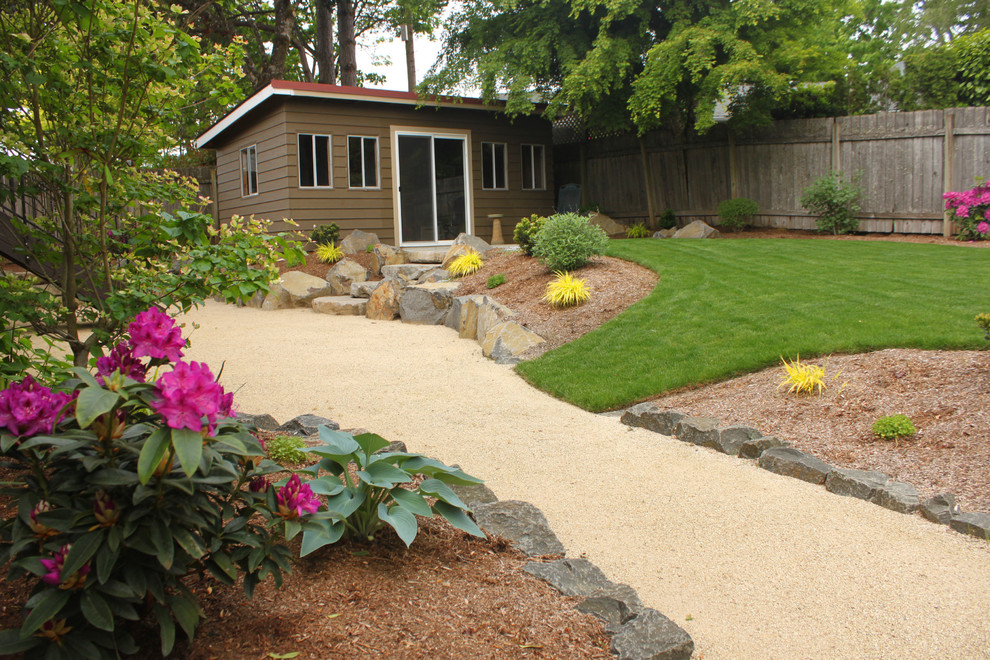 Inspiration for a mid-sized contemporary backyard decomposed granite landscaping in Portland.