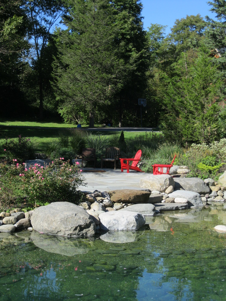 Imagen de jardín tradicional de tamaño medio en patio trasero con estanque, exposición parcial al sol y adoquines de piedra natural
