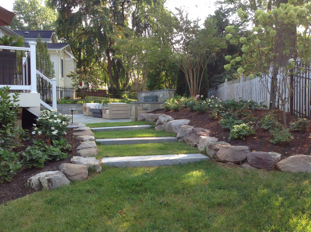 Foto di un piccolo giardino minimal dietro casa con fontane e pavimentazioni in pietra naturale