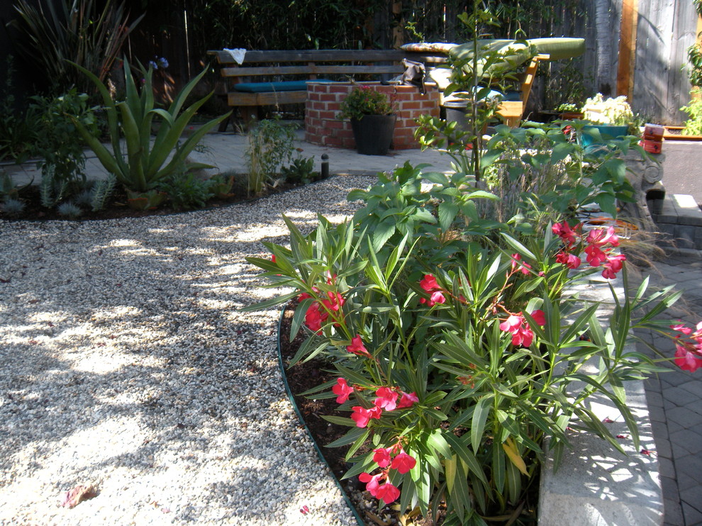 Esempio di un giardino xeriscape boho chic esposto a mezz'ombra di medie dimensioni e davanti casa con un ingresso o sentiero e ghiaia