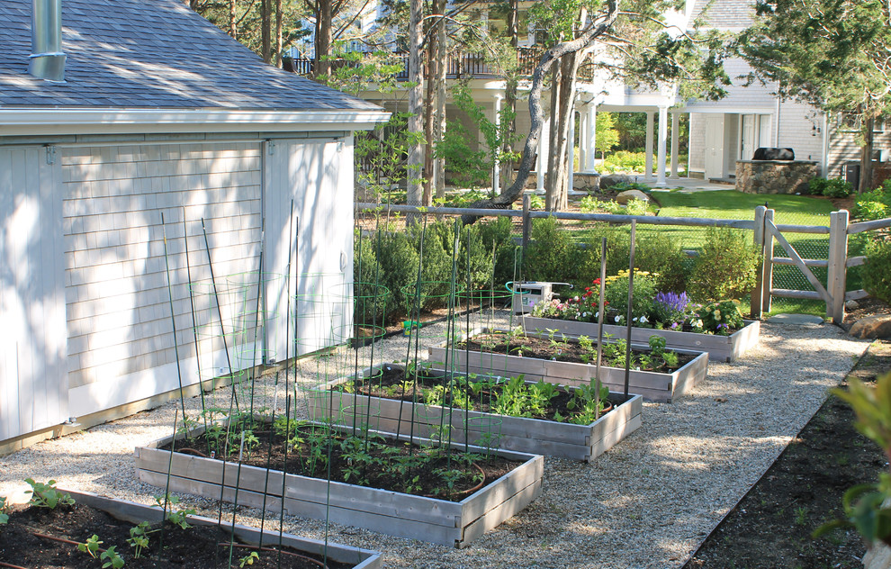 Inspiration for a mid-sized transitional partial sun backyard gravel vegetable garden landscape in Boston.