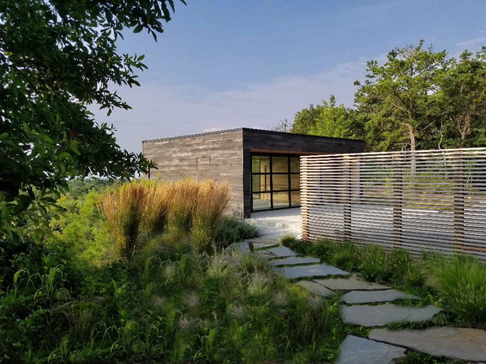 Immagine di un ampio giardino minimalista esposto in pieno sole in cortile in estate con ghiaia