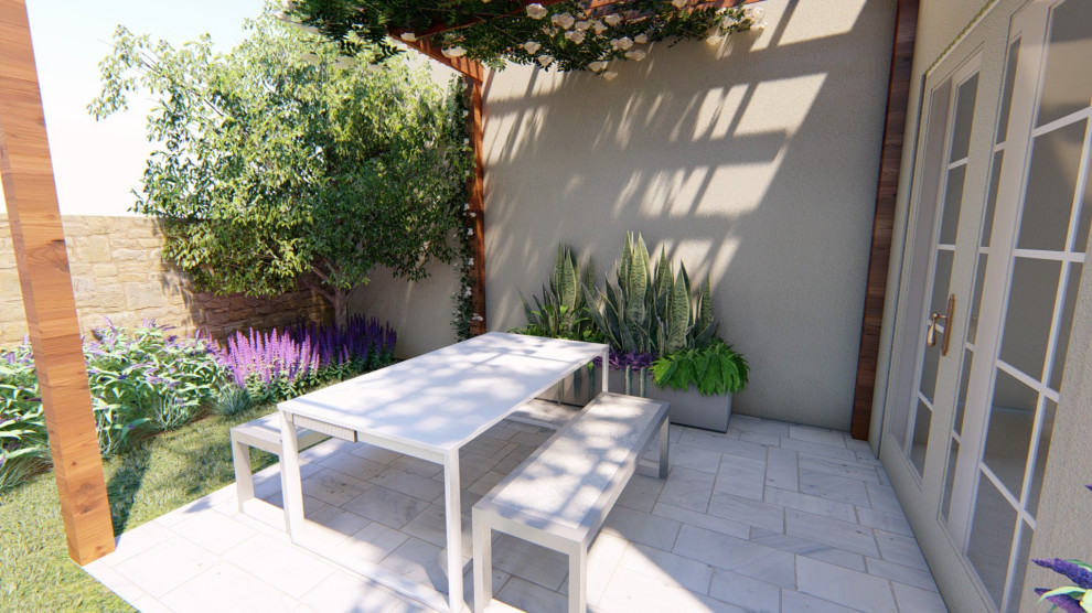 Idee per un piccolo patio o portico minimalista dietro casa con pavimentazioni in mattoni