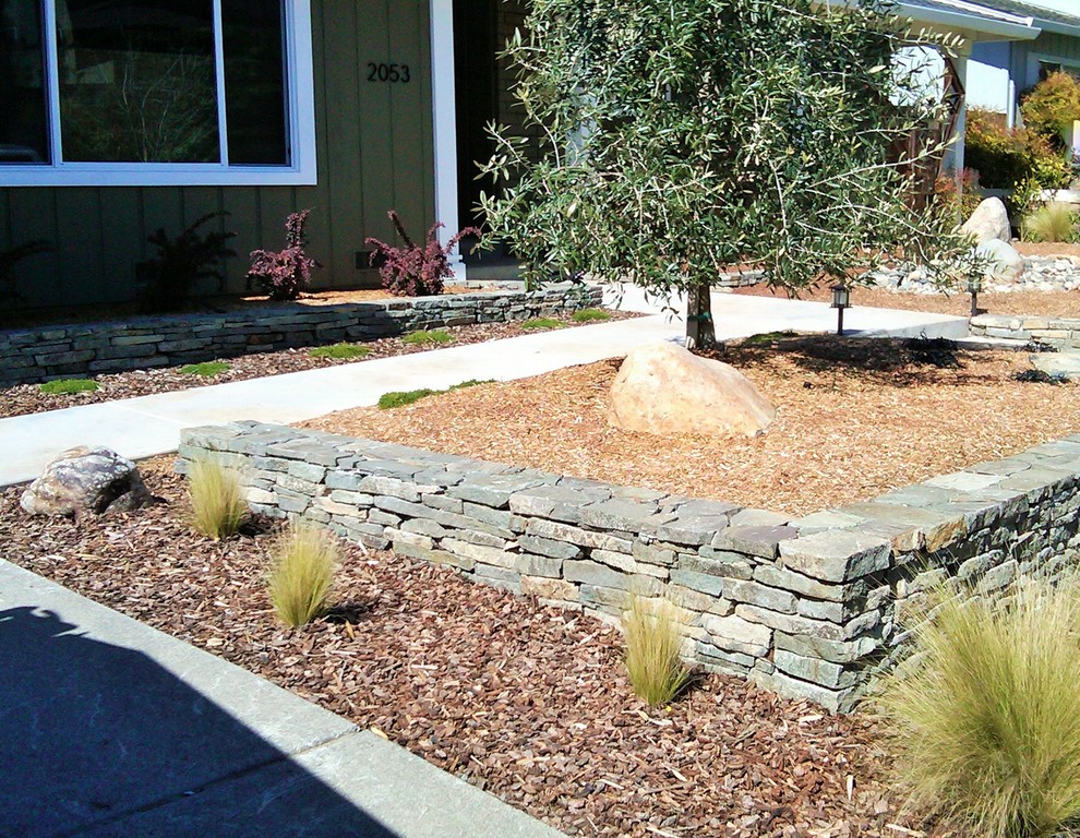 Idee per un piccolo giardino minimalista esposto in pieno sole davanti casa in estate con un muro di contenimento